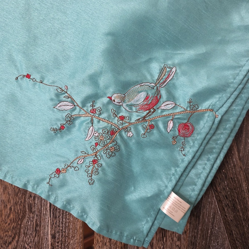 Lenox Tablecloth Light Teal Aqua Embroidered Bird Floral Design 116" x 120